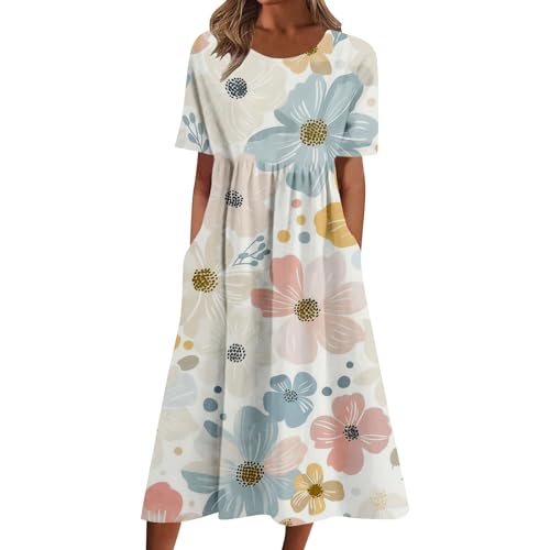 Cihdmfb Sommerkleid Damen Vintage Blumen Druck Maxikleid Casual V-Ausschnitt mit Knopfleiste Kurzarm Strandkleid Lose Festliche Kleider Leicht Und Luftig Lange Swing Kleid Freizeitkleid(F Weiß,XXL) von Cihdmfb