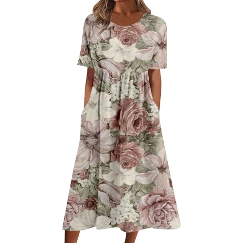 Cihdmfb Sommerkleid Damen Vintage Blumen Druck Maxikleid Casual V-Ausschnitt mit Knopfleiste Kurzarm Strandkleid Lose Festliche Kleider Leicht Und Luftig Lange Swing Kleid Freizeitkleid(H Beige,L) von Cihdmfb