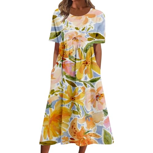 Cihdmfb Sommerkleid Damen Vintage Blumen Druck Maxikleid Casual V-Ausschnitt mit Knopfleiste Kurzarm Strandkleid Lose Festliche Kleider Leicht Und Luftig Lange Swing Kleid Freizeitkleid(H Gelb,4XL) von Cihdmfb
