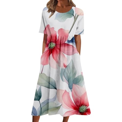 Cihdmfb Sommerkleid Damen Vintage Blumen Druck Maxikleid Casual V-Ausschnitt mit Knopfleiste Kurzarm Strandkleid Lose Festliche Kleider Leicht Und Luftig Lange Swing Kleid Freizeitkleid(H Rosa,5XL) von Cihdmfb