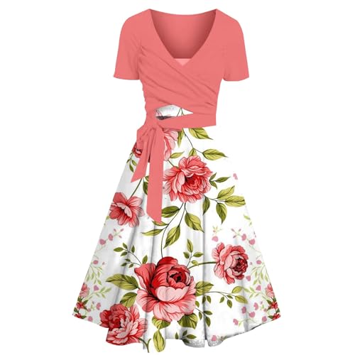 Cihdmfb Sommerkleid Damen Vintage Blumen Drucken Lose Kurzarm Partykleid Elegant A-Linie Swing Kleider Midikleid Casual V-Ausschnitt Strandkleid Hohe Taille Knielang Freizeitkleid(B Weiß,XXL) von Cihdmfb