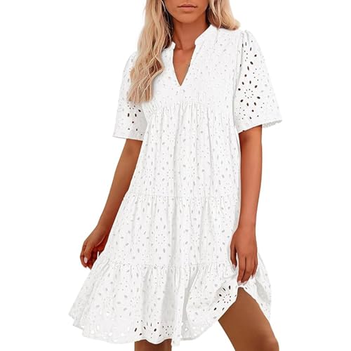 Cihdmfb Sommerkleider Damen Elegant Einfarbig Lochstickerei Kleid Lässige V Ausschnitt Kurzarm Blusenkleid Leicht und Luftig Midikleid Mit Ösen Strandkleid Häkel Spitze Freizeitkleider(A Weiß,XL) von Cihdmfb