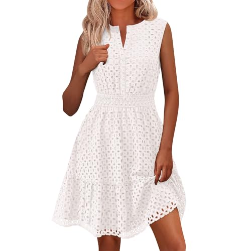 Cihdmfb Sommerkleider Damen Elegant Einfarbig Lochstickerei Kleid Lässige V Ausschnitt Kurzarm Blusenkleid Leicht und Luftig Midikleid Mit Ösen Strandkleid Häkel Spitze Freizeitkleider(C Weiß,L) von Cihdmfb