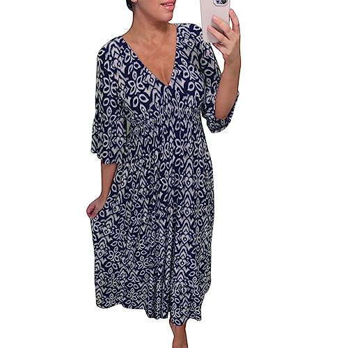 Cihdmfb Sommerkleider Damen Große Größen Boho Blumen Print Tunika Kleid Strandkleid Frühling Sommer Tief V-Ausschnitt 3/4 Ärmel Kleid Blumenmuster Tunikakleider Freizeitkleid(C Marineblau,4XL) von Cihdmfb