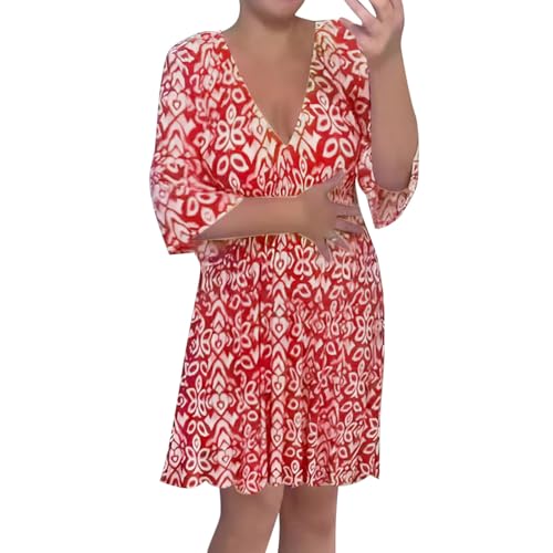 Cihdmfb Sommerkleider Damen Große Größen Boho Blumen Print Tunika Kleid Strandkleid Frühling Sommer Tief V-Ausschnitt 3/4 Ärmel Kleid Blumenmuster Tunikakleider Freizeitkleid(E Rot,4XL) von Cihdmfb