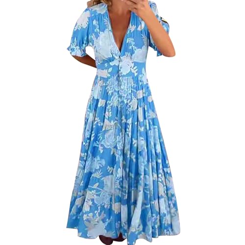 Cihdmfb Sommerkleider Damen Große Größen Boho Blumen Print Tunika Kleid Strandkleid Frühling Sommer Tief V-Ausschnitt 3/4 Ärmel Kleid Blumenmuster Tunikakleider Freizeitkleid(G Blau,3XL) von Cihdmfb