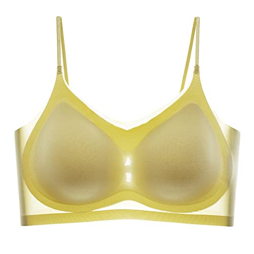 Cihdmfb Sport BH Damen Sommer Ohne Bügel Ultradünn Eisseide Komfort BH Leicht Bequemer Seamless Bra Breite Träger Bralette Push Up BH Gepolstert Schlaf Yoga Slinge BH(F Gelb,M) von Cihdmfb
