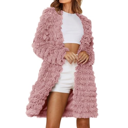 Cihdmfb Strickjacke Damen Elegant Einfarbig Open Front Flauschig Kunstpelz Jacken Winter Lang Leicht Langarm Parka Zotteliger Kunstfell Coat Winter Jacke Parka Sweater Outerwear(A Rosa,3XL) von Cihdmfb