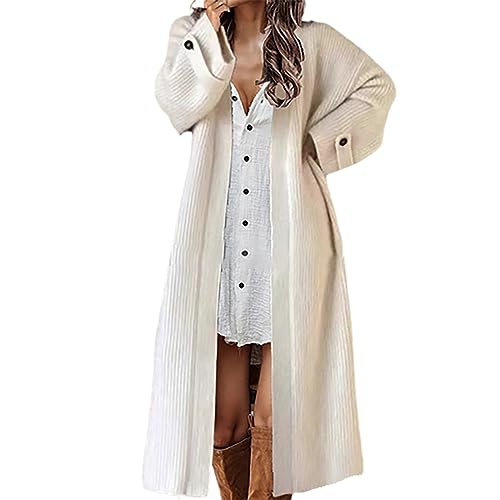 Cihdmfb Strickjacke Damen Große Größe Cardigan Winter Lang Grobstrickjacke Strickmantel Teenager Mädchen Cardigan Strickpullover Elegant Einfarbig Jacke Sweater Outerwear(D Weiß,5XL) von Cihdmfb