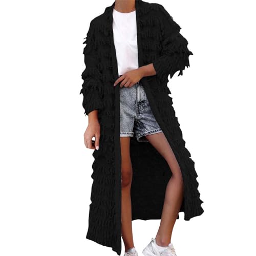Cihdmfb Strickjacke Damen Lang Cardigan Langärmelige Strickmantel Damen Winter Warm Quaste Design Open Front Sweater Zopfmuster Lässig vorne offen Langarm Lockerer Pullover(A Schwarz,S) von Cihdmfb