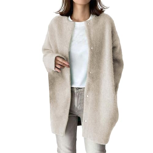 Cihdmfb Strickjacke Damen Mode Rundhals Langarm Open Front mit Knopf Strickcardigan Strickmantel Elegant Einfarbig Knopf Offene Gestrickte Cardigan Strickpullover Casual Sweater Outwear(A Beige,S) von Cihdmfb