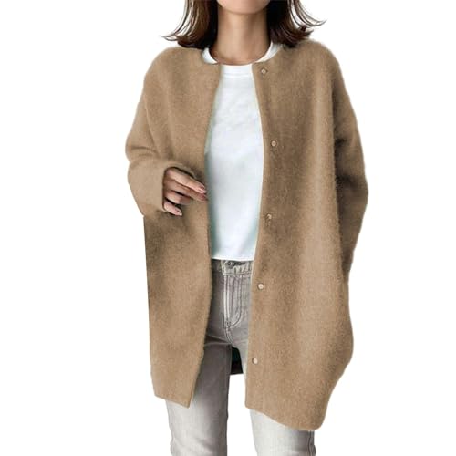 Cihdmfb Strickjacke Damen Mode Rundhals Langarm Open Front mit Knopf Strickcardigan Strickmantel Elegant Einfarbig Knopf Offene Gestrickte Cardigan Strickpullover Casual Sweater Outwear(A Braun,S) von Cihdmfb