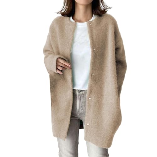 Cihdmfb Strickjacke Damen Mode Rundhals Langarm Open Front mit Knopf Strickcardigan Strickmantel Elegant Einfarbig Knopf Offene Gestrickte Cardigan Strickpullover Casual Sweater Outwear(A Khaki,S) von Cihdmfb
