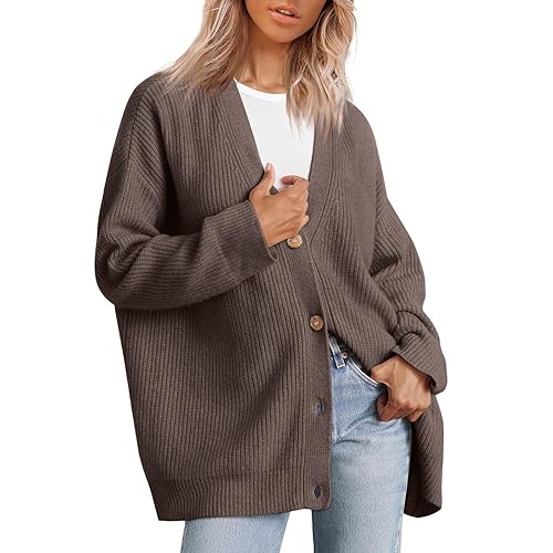 Cihdmfb Strickjacke Damen V-Ausschnitt Knopfleiste Open Front Sweater Elegant Einfarbig Casual Langarm Strick Cardigan Strickpullover Lang Knopfleiste Gestrickter Übergangsmantel(B Kaffee,3XL) von Cihdmfb