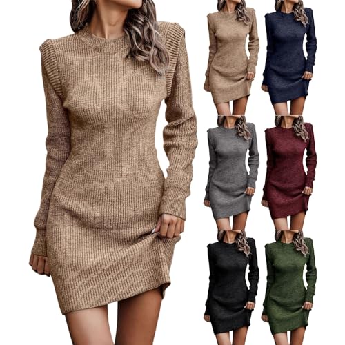 Cihdmfb Strickkleid Damen Elegant Pulloverkleid Basic Einfarbig Winterkleider Damen Rundhals Langarm Wickelkleid Hohe Elastizität Slim Fit Pulloverkleid Minikleid für Winter(A AG,5XL) von Cihdmfb