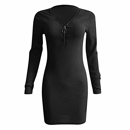 Cihdmfb Strickkleid Damen Kleid Sexy V-Ausschnitt mit Reißverschluss Pulloverkleid Minikleid Stretch Bodycon Wickelkleid Winterkleid Elegant Knielang Rippstrick Gerippt Kleid(C Schwarz,S) von Cihdmfb