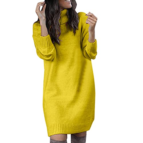 Cihdmfb Strickkleid Damen Langarm Grobstrick Pulloverkleid Mit Rollkragen Minikleid Winterkleid Hohe Elastizität Pulloverkleid Winter Einfarbig Langarm Kleider Strick(G Gelb,S) von Cihdmfb