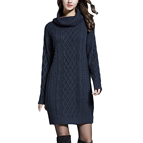 Cihdmfb Strickkleid Damen Langarm Grobstrick Pulloverkleid Mit Rollkragen Minikleid Winterkleid Hohe Elastizität Pulloverkleid Winter Einfarbig Langarm Kleider Strick(H Blau,3XL) von Cihdmfb