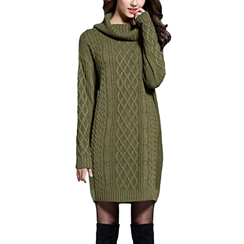 Cihdmfb Strickkleid Damen Langarm Grobstrick Pulloverkleid Mit Rollkragen Minikleid Winterkleid Hohe Elastizität Pulloverkleid Winter Einfarbig Langarm Kleider Strick(H Grün,XXL) von Cihdmfb