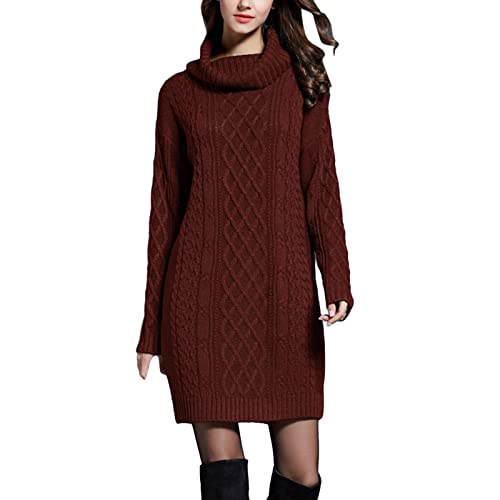 Cihdmfb Strickkleid Damen Langarm Grobstrick Pulloverkleid Mit Rollkragen Minikleid Winterkleid Hohe Elastizität Pulloverkleid Winter Einfarbig Langarm Kleider Strick(H Rot,3XL) von Cihdmfb