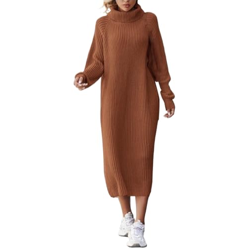 Cihdmfb Strickkleid Damen Langarm Grobstrick Pulloverkleid Mit Rollkragen Minikleid Winterkleid Hohe Elastizität Pulloverkleid Winter Einfarbig Langarm Kleider Strick(J Gold,L) von Cihdmfb