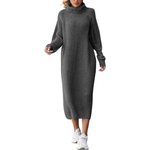 Cihdmfb Strickkleid Damen Langarm Grobstrick Pulloverkleid Mit Rollkragen Minikleid Winterkleid Hohe Elastizität Pulloverkleid Winter Einfarbig Langarm Kleider Strick(J Grau,M) von Cihdmfb