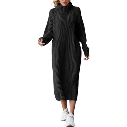 Cihdmfb Strickkleid Damen Langarm Grobstrick Pulloverkleid Mit Rollkragen Minikleid Winterkleid Hohe Elastizität Pulloverkleid Winter Einfarbig Langarm Kleider Strick(J Schwarz,XL) von Cihdmfb