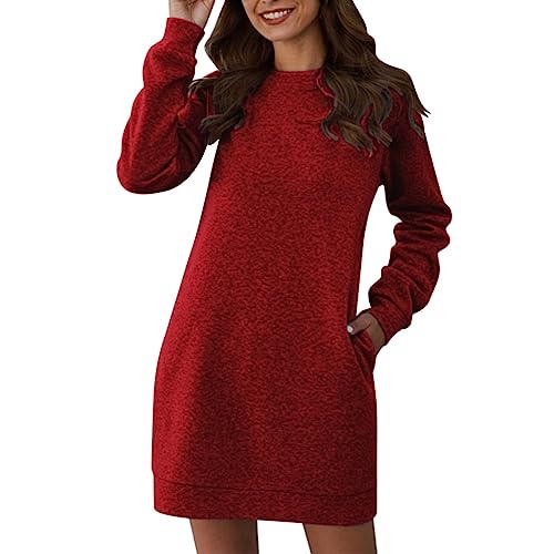 Cihdmfb Strickkleid Damen Vintage Einfarbig Pulloverkleid Tunika Kleid Jumper Kleid mit Taschen Bequem Warm Sweatkleid Langarm Rundhals Sweatshirt Freizeitkleid für Winter(A RD2,S) von Cihdmfb