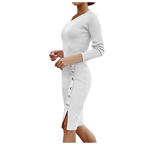 Cihdmfb Strickkleid Damen Winter Elegante Einfarbig Pulloverkleid Wickelkleid Langarm Rundkragen Partykleid Bodycon Warme Pakethüfte Partykleid Minikleid Mit Knopf Schlitz(A Weiß,XL) von Cihdmfb