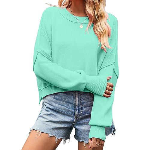 Cihdmfb Strickpullover Damen Elegant Einfarbig Drop Shoulder Kurz Pullover Sweater Sexy Kurz Geschnittene Pullover mit Rundhals Langarm mit Laternenhülle Sweatshirt Winterpullover(C Mintgrün,S) von Cihdmfb
