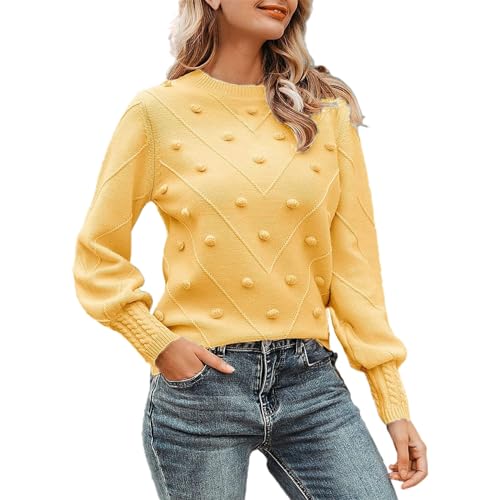 Cihdmfb Strickpullover Damen Elegant Einfarbig Winter Dicke Warm Rundhalsausschnitt Pullover Casual Lose Langarm Beiläufige Stricken Sweater Sweatshirts Oberteile(C Gelb,M) von Cihdmfb