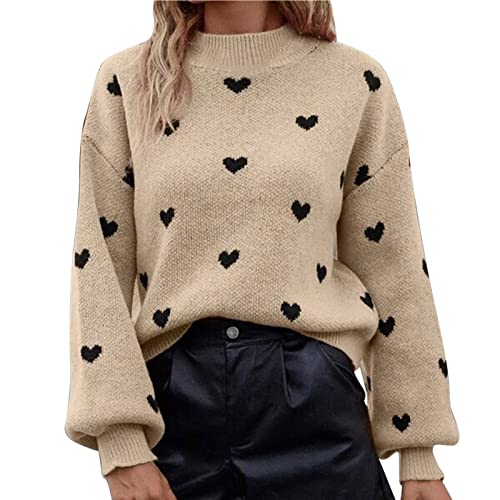 Cihdmfb Strickpullover Damen Winter Valentinstag Herz Drucken Langarm Pullover Sweatshirt Colorblock Gestrickte Warme Strickpulli Jumper Casual Lose Sweater Oberteile Tops(AB-Beige,S) von Cihdmfb