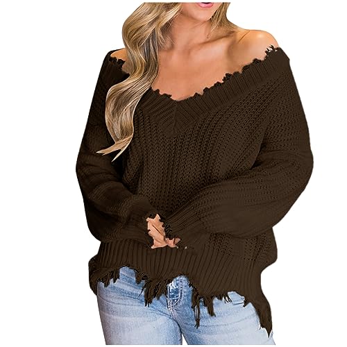 Cihdmfb Strickpullover Damen Oversize Pullover Klassische Einfarbig V-Ausschnitt Langarm Grobstrik Asymmetrisch Quaste Saum Zerrissen Sweater Strickpulli Strick Langarmshirts Tops(A Kaffee,XXL) von Cihdmfb