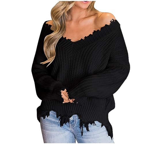 Cihdmfb Strickpullover Damen Oversize Pullover Klassische Einfarbig V-Ausschnitt Langarm Grobstrik Asymmetrisch Quaste Saum Zerrissen Sweater Strickpulli Strick Langarmshirts Tops(A Schwarz,M) von Cihdmfb
