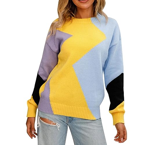 Cihdmfb Strickpullover Damen Rundhals Langarm Sweater Winter Vintage Drucken Lange Ärmel Pullover Sweatshirt Rundhals Winterpullover Lässige Locker Pulli Warme Strickwaren Tops(H Gelb,XL) von Cihdmfb