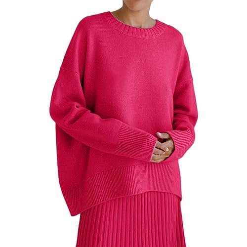 Cihdmfb StrickpulloverCihdmfb Damen Winter Lässig Rundhals Warm Weich Langarm Lockerer Pullover Elegant Einfarbig Stricken Sweater Sweatshirt Teenager Mädchen Oversize Winterpullover(A Heißes Rosa,L) von Cihdmfb