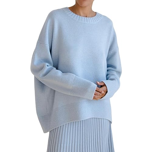 Cihdmfb StrickpulloverCihdmfb Damen Winter Lässig Rundhals Warm Weich Langarm Lockerer Pullover Elegant Einfarbig Stricken Sweater Sweatshirt Teenager Mädchen Oversize Winterpullover(A Hellblau,L) von Cihdmfb