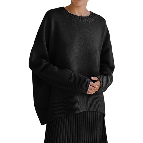 Cihdmfb StrickpulloverCihdmfb Damen Winter Lässig Rundhals Warm Weich Langarm Lockerer Pullover Elegant Einfarbig Stricken Sweater Sweatshirt Teenager Mädchen Oversize Winterpullover(A Schwarz,L) von Cihdmfb