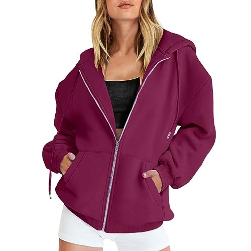 Cihdmfb Sweatjacke Damen Winter Einfarbig Kapuzenjacke Casual Lose Sweatshirt Kapuzenpullover Mit Kapuze Reißverschluss Mantel Lang Pullover Y2K Teenager Mädchen Kaputzenpullis(E Violett,3XL) von Cihdmfb