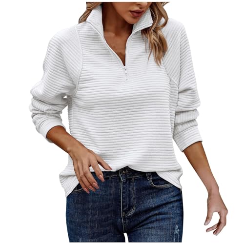 Cihdmfb Sweatshirt Damen Winter Elegant Einfarbig Stehkragen Lange Ärmel Pullover Teenager Mädchen Langarm Revers mit Reißverschluss Bequem Casual Langarmshirt Oberteile Tops(A Weiß,M) von Cihdmfb