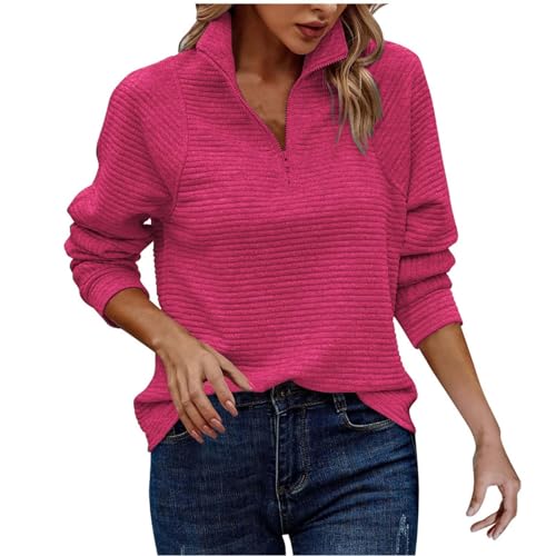 Cihdmfb Sweatshirt Damen Winter Elegant Einfarbig Stehkragen Lange Ärmel Pullover Teenager Mädchen Langarm Revers mit Reißverschluss Bequem Casual Langarmshirt Oberteile Tops(B Heißes Rosa,M) von Cihdmfb