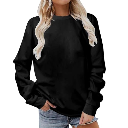 Cihdmfb Sweatshirt Damen Ohne Kapuze Elegant Einfarbig Langarm Pullover Casual Rundhals Sweatshirts Teenager Mädchen Bequeme Locker Langarmshirt Pulli Sport Bluse Tops Oberteile(A-Schwarz,XXL) von Cihdmfb