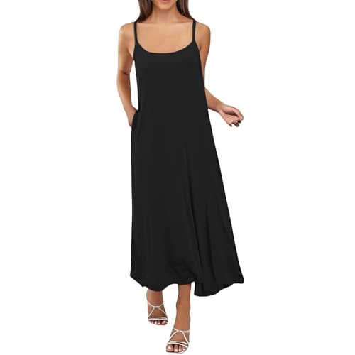 Cihdmfb Tank Kleider Damen Große Größe Sommerkleid Elegant Einfarbig Ärmellos Maxikleid U-Ausschnitt Spaghettiträger Locker Tunika Blusenkleid Leicht Luftig Strandkleider für Alltag(Schwarz,8XL) von Cihdmfb