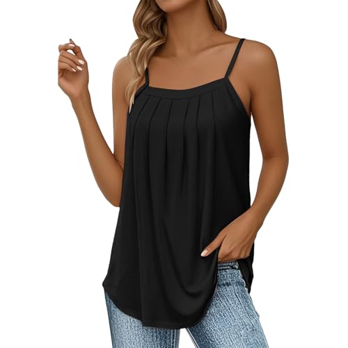 Cihdmfb Tank Top Damen Elegant Einfarbig Ärmellose Weste Große Größen Quadratischem Ausschnitt Unterhemden Casual Plissee Vests Verstellbarer Spaghetti Camisole Locker Trägertop(D-Schwarz,3XL) von Cihdmfb