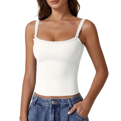 Cihdmfb Tank Tops Damen Sexy Spaghetti Cami Trägertop Elegant Einfarbig Square Neck Ärmellos Weste Blumen Spitze Stitching Crop Top Spaghetti Träger Tank Top Slim Fit Oberteile(B Weiß,XL) von Cihdmfb