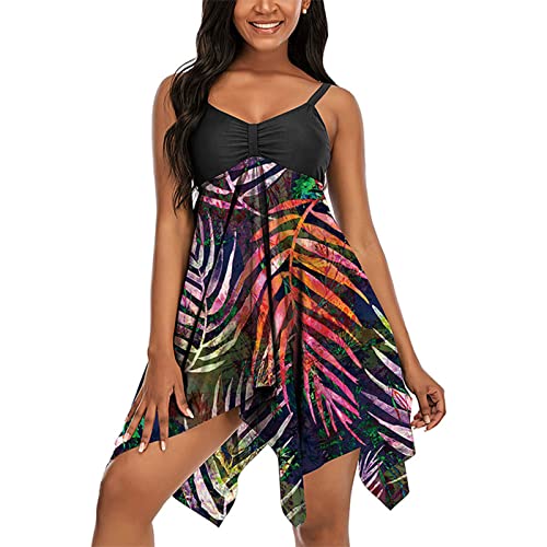 Cihdmfb Tankini Damen Badeanzug Bauchweg Badekleid Mesh Neckholder Bademode Push-up Gepolstert Bademode Boho Druck Tankini Oberteil Zweiteilig Große Größen Frauen Rock Mit Short(G Schwarz,4XL) von Cihdmfb