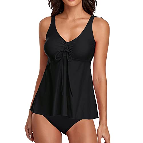 Cihdmfb Tankini Damen Push Up Badeanzug Set Bauchweg Zweiteiler Bademode Damen V-Ausschnitt Tankini Oberteil mit Badeshorts Elegant Sommer Badeanzüge für Damen Freizeit Urlaub Poolparty(A Schwarz,XL) von Cihdmfb