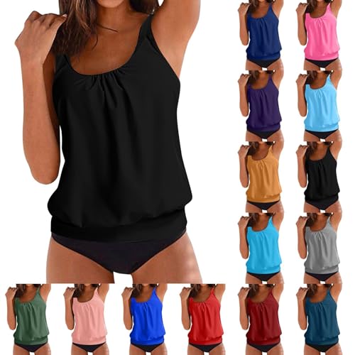 Cihdmfb Tankini Damen Set Bauchweg Zweiteilig Badeanzug Große Größen Push Up Bademode Set Elegant Einfarbig Bauch Weg Tankini Oberteile Gepolsterte mit Badeshorts-Sets Strandmode(A Schwarz,3XL) von Cihdmfb