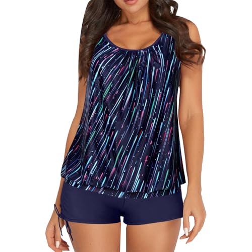 Cihdmfb Tankini Damen Set Elegant Einfarbig U-Ausschnitt Badeanzüge Push Up Bauchweg Zweiteiler Badeanzug Bademode Tankini Oberteil und High Waist Bikinihose Swimsuit Strandkleidung(A Himmelblau,M) von Cihdmfb