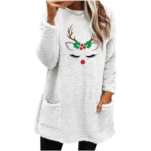 Cihdmfb Teddy-Fleece Pullover Damen Oversize Winter Warm Teddy-Fleece Pullover Weihnachten Druck Warm Oberteil Langarm Casual Lose Sweatshirt Pulli Tops Oberteile mit Tasche(C Weiß,L) von Cihdmfb